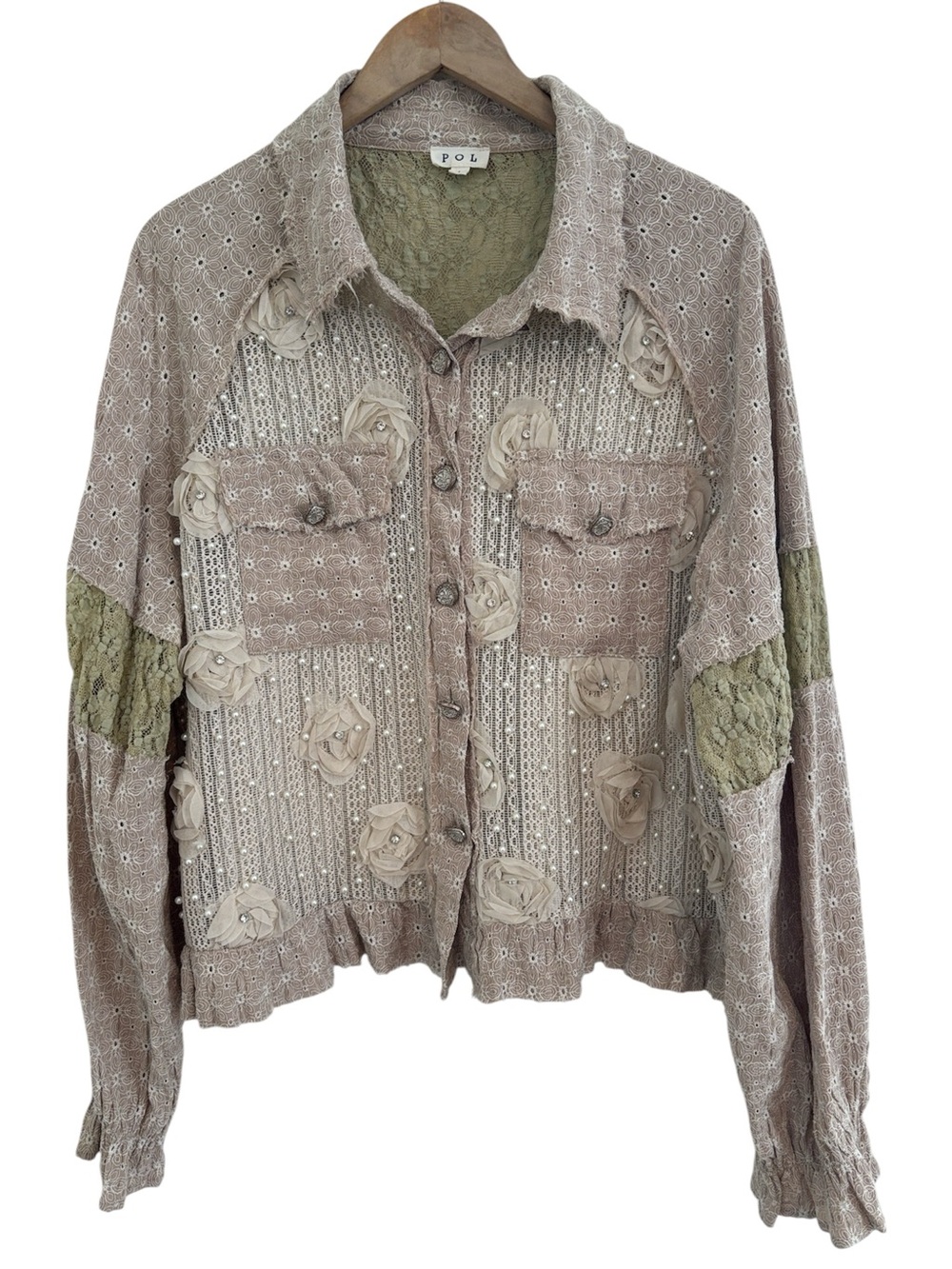 POL Tan Eyelet Lace Sheer Flowers Pearl Details Jacket Top Romantic Boho Fairy
